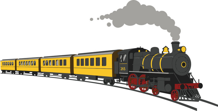 a classic steam train with yellow passenger cars moving