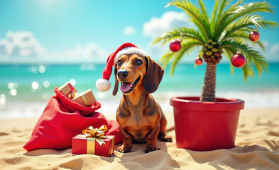 Dachshund Santa on the Tropical Beach