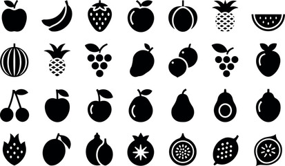 Collection of diverse fruit icons silhouette various shapes and forms representing healthy eating