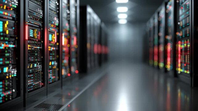 Server rack data center network hardware blinking light technology corridor infrastructure cooling aisle depth focus secure, efficient, capacity