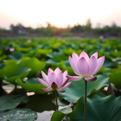 Two pink lotus blossoms emerge from a serene pond at sunset, surrounded by lush green lily pads.