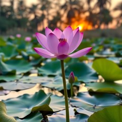 A vibrant pink lotus flower blooms in a pond filled with lily pads, illuminated by the warm glow of the setting sun.