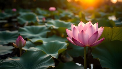 Obraz premium Pink lotus blossoms in a pond at sunrise, vibrant colors and serene atmosphere.