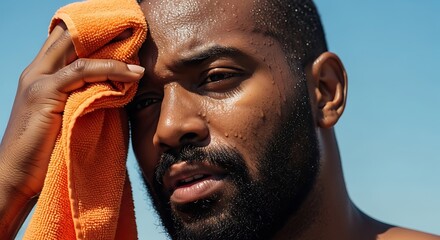 Man wiping sweat with orange towel forehead