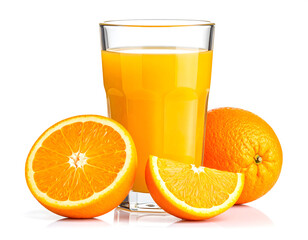 Fresh oranges and a vibrant glass of orange juice with ice and a slice on a white background