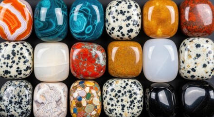 Collection of polished tumbled stones and cabochons showcasing diverse natural patterns and vibrant colors