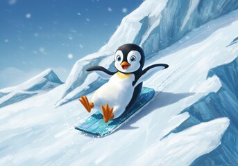 Cute cartoon penguin snowboarding down a snowy mountain slope