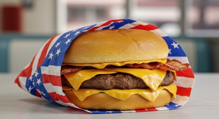A classic American diner-style bacon cheeseburger, wrapped in patriotic paper, with a strip of bacon sticking out the side. Vibrant, nostalgic, and greasy.