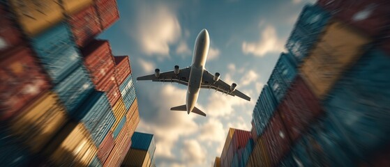An airplane flies overhead between stacks of colorful shipping containers under a partly cloudy sky, with motion blur emphasizing movement.