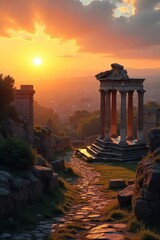 Fototapeta premium Serene sunrise over the Roman Forum, ancient ruins bathed in golden light, a peaceful scene perfect for meditation , rays, quiet