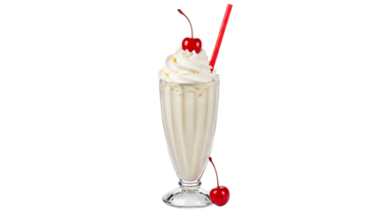Creamy Vanilla Milkshake with Cherry isolated on a transparent background
