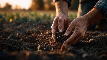Close - up of a farmer's hands handling soil with seeds in a field at sunset, with young plants and scattered seeds in the background.