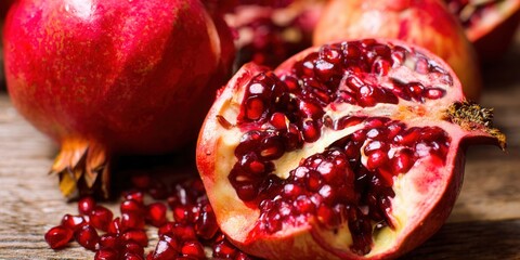 A vibrant close-up of a pomegranate, revealing juicy red seeds ready to be enjoyed.