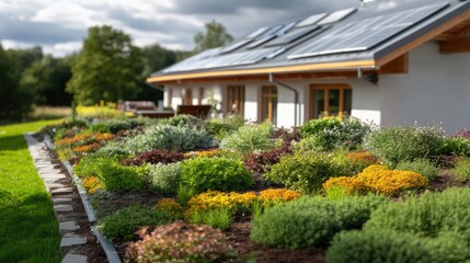 Eco-Friendly Home with Lush Garden and Sustainable Solar Panel Integration
