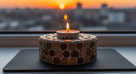 Warm Candle Glows by Sunset Creating Calm, Cozy Ambiance