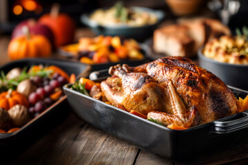 Creative food holiday template. Rotisserie chicken turkey on black cast iron baking dish, surrounded by many side dishes on rustic wooden table, copy text space. 