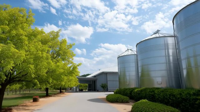 A row of silo tanks are lined up in front of a building. The sky is clear and the sun is shining