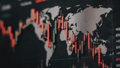 World map overlaid with stock market charts, showing bull market indicator