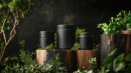 Elegant black cosmetic jars arranged on wooden blocks amidst lush greenery