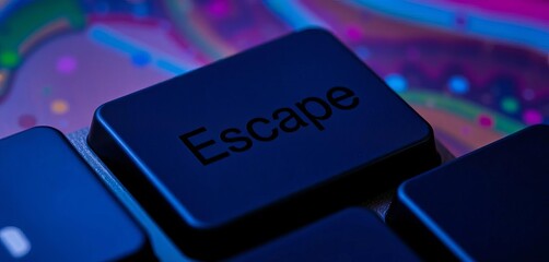 Close-up of an Escape key on a keyboard with vibrant multicolored background,  pattern,  input