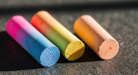 Vibrant rainbow colored chalk sticks lying on a textured surface in bright sunlight