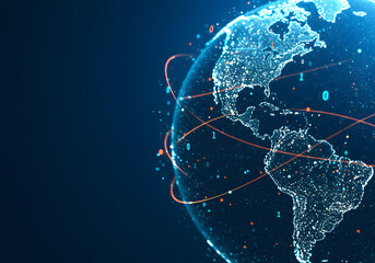 Digital Global Network Connecting Continents with Binary Code
