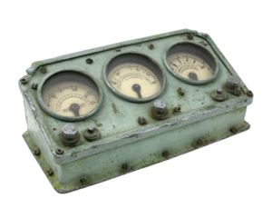 Weathered Green Metal Instrument Panel with Three Analog Gauges