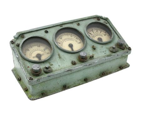 Weathered Green Metal Instrument Panel with Three Analog Gauges - Powered by Adobe