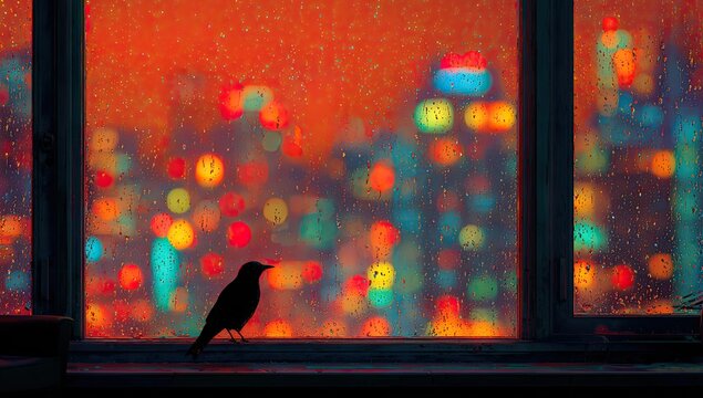 A silhouette of a bird perched on a windowsill, looking out at a city at night. Rain streaks on the window create a vibrant bokeh effect