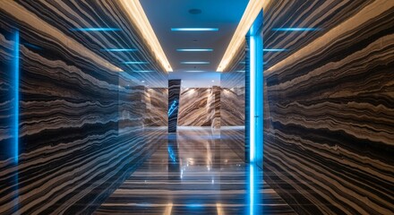 Modern Luxury Hallway Design with Dramatic Lighting and Marble Accents