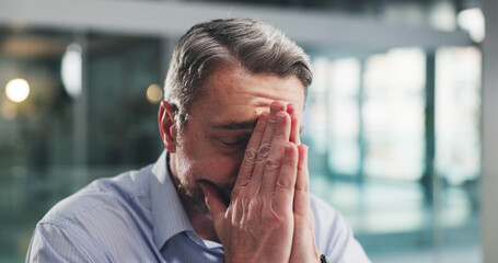 Frustrated, businessman or bad news with stress for mistake, fail or financial crisis in office....