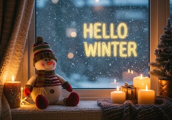 Cozy snowman and candles on windowsill with hello winter message