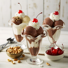 Assortment of Ice Cream Sundaes with Cherries and Nuts on Wooden Table dessert chocolate