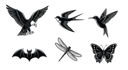 A collection of six black and white graphic illustrations of flying animals: an eagle, swallow, hummingbird, bat, dragonfly, and butterfly.