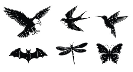A collection of black and white illustrations featuring various flying creatures including an eagle, swallow, hummingbird, bat, dragonfly, and butterfly.