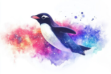 Fototapeta premium A whimsical watercolor artwork of a penguin soaring through a vibrant galaxy.