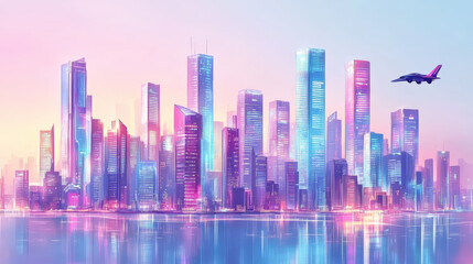 Fototapeta premium A stunning, neon-lit cityscape with a futuristic jet flying above the horizon reflected in the water.