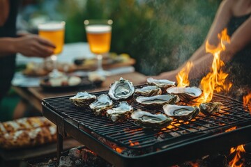 Grilled oyster shells cooking over open flame on barbecue grill with blurred background of people holding glasses and food on wooden table creating warm outdoor gathering atmosphere