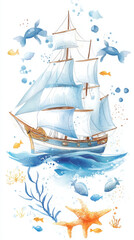 A charming watercolor painting depicting a sailboat journeying across the vast ocean.