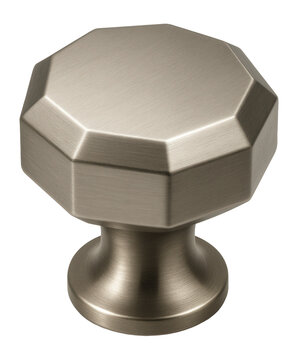 Metal cabinet knob with a satin finish and geometric shape