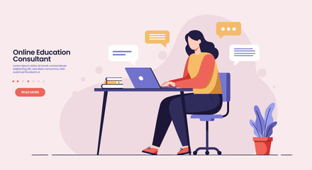 Illustration of a woman sitting at a desk, working on a laptop with speech bubbles above, in a modern, flat design style.