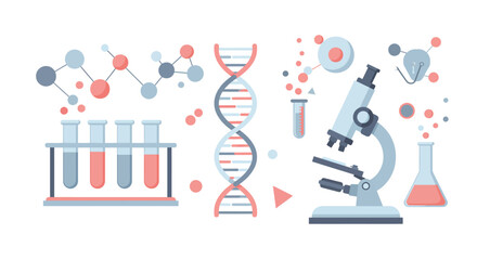 Illustration showing laboratory equipment including test tubes, DNA strand, molecules, microscope, and flask, all set against a white background.