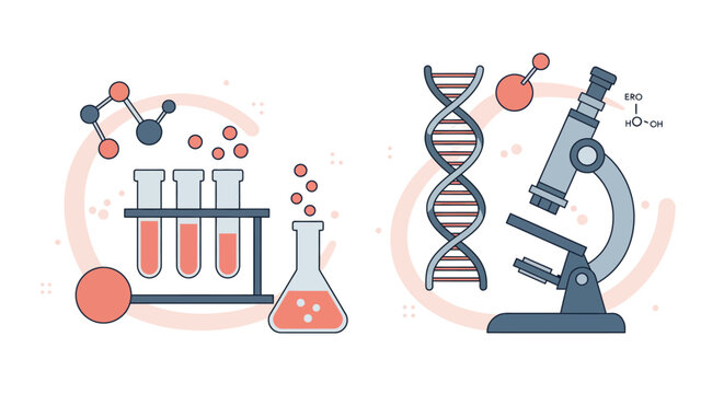 Illustration depicting scientific research with test tubes, beakers, molecules, DNA strand, and a microscope, all rendered in a clean, modern style.