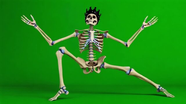Skeleton wearing a crown posing with legs spread wide on a green background in a studio shot halloween skelton green screen video