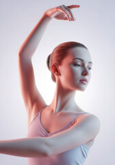 Young woman ballerina dancing, graceful pose with arm raised. Classical ballet performance, artistic movement for stage show.