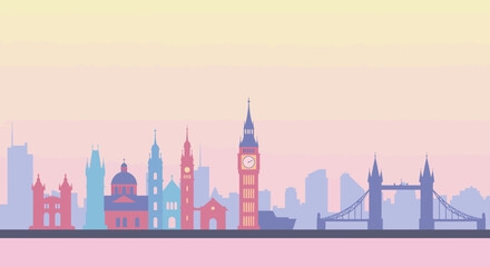 Obraz premium Illustrated silhouette of the London skyline featuring iconic landmarks like Big Ben and Tower Bridge against a pastel gradient background.