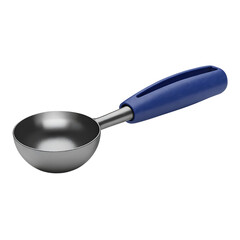 Stainless steel ice cream scoop with blue handle on a white background kitchen utensil metal