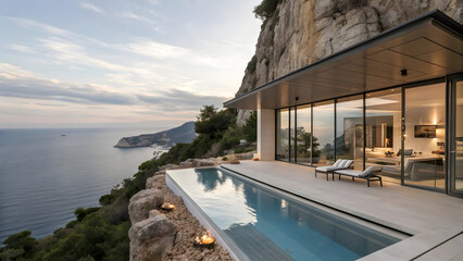 Fototapeta premium Modern cliffside residence with infinity pool overlooking ocean image