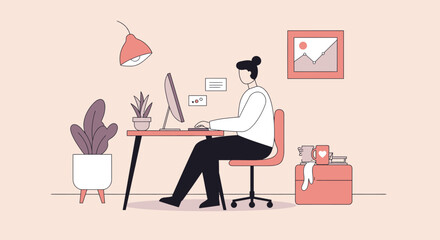 Person working at home office desk, computer, plant, messages.