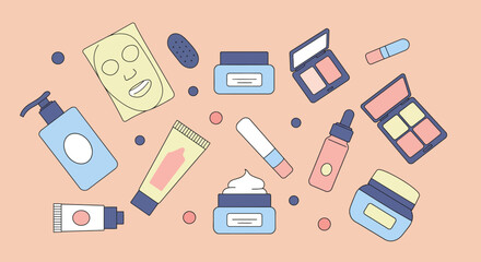 A flat-lay illustration of various beauty and skincare products.